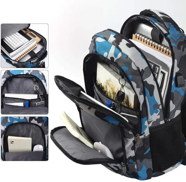 Alt view image 3 of 5 - YAMTION School Backpack for Teen Boys,Bookbag for High School College Backpack with USB,Camouflage Blue