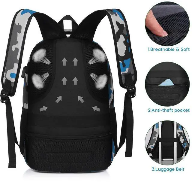 Alt view image 5 of 5 - YAMTION School Backpack for Teen Boys,Bookbag for High School College Backpack with USB,Camouflage Blue