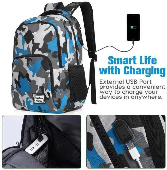 Alt view image 2 of 5 - YAMTION School Backpack for Teen Boys,Bookbag for High School College Backpack with USB,Camouflage Blue