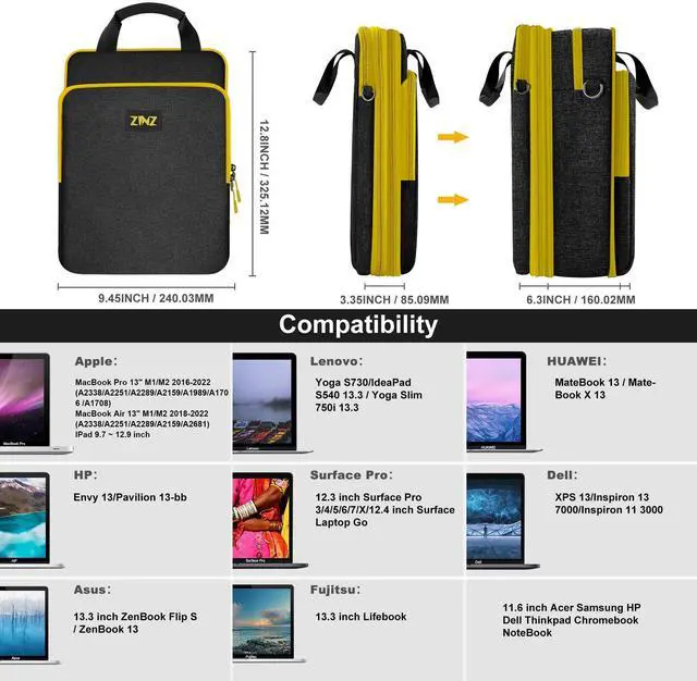 Alt view image 2 of 5 - ZINZ Slim & Expandable Case 12.9 13 inch Travel Laptop Shoulder Bag for MacBook Air 13" M3/M2/M1, MacBook Pro 13" M2/M1, iPad Pro 12.9"/13"/11", iPad Air 13",B01K04