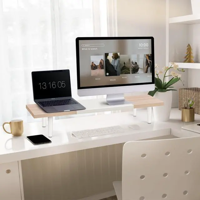 Alt view image 2 of 5 - Across-Star Dual-Monitor-Stand-Riser-For-Desk Adjustable Length 32-40 InchLarge Desktop Computer Monitor Riser For 2 ScreensDesk Shelf Organizer Riser Stand For Computer/Laptop/PC/Printer/TV Maple