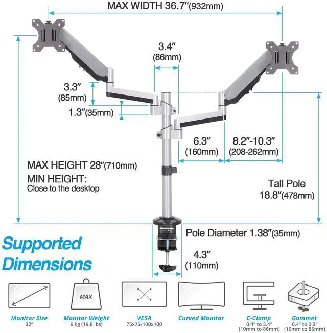 Alt view image 2 of 5 - AVLT Dual Stacked Monitor Arm and Reinforcement Plate