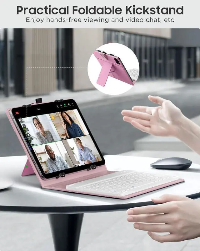 Alt view image 2 of 5 - MoKo Universal Tablet Case with Qwert Keyboard for 9",9.7",10.1",10.2",10.4",10.5",10.9",11" Tablets, with Removable Wireless Bluetooth Keyboard&Pen Holder for iPad, Samsung, Fire, Pixel, Other,Pink