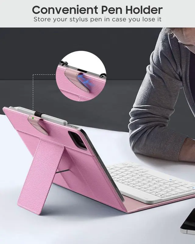 Alt view image 3 of 5 - MoKo Universal Tablet Case with Qwert Keyboard for 9",9.7",10.1",10.2",10.4",10.5",10.9",11" Tablets, with Removable Wireless Bluetooth Keyboard&Pen Holder for iPad, Samsung, Fire, Pixel, Other,Pink