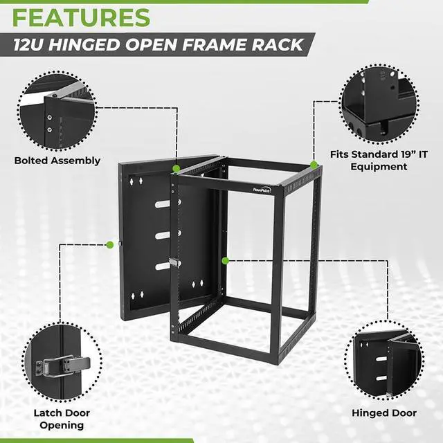 Alt view image 2 of 5 - NavePoint 15U Wall Mount Server Rack with Hinged Back, 4-Post 24 Deep, Rear Swing Frame 15U Network Rack Wall Mount for 19 Inch Equipment AV IT Easy Cable Management, Black