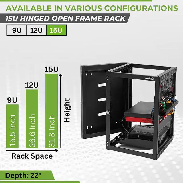 Alt view image 3 of 5 - NavePoint 15U Wall Mount Server Rack with Hinged Back, 4-Post 24 Deep, Rear Swing Frame 15U Network Rack Wall Mount for 19 Inch Equipment AV IT Easy Cable Management, Black