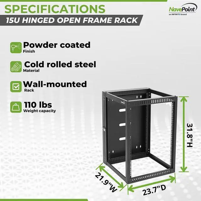 Alt view image 4 of 5 - NavePoint 15U Wall Mount Server Rack with Hinged Back, 4-Post 24 Deep, Rear Swing Frame 15U Network Rack Wall Mount for 19 Inch Equipment AV IT Easy Cable Management, Black