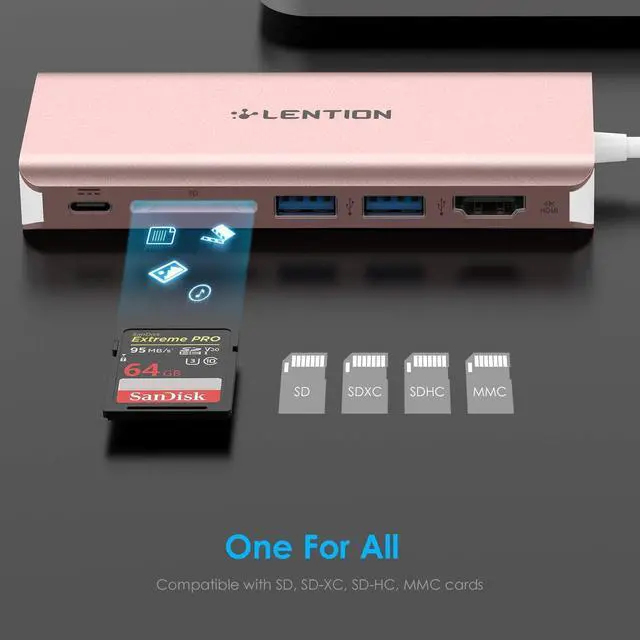 Alt view image 2 of 5 - LENTION USB C Hub with 4K HDMI, SD Card Reader, 2 USB 3.0, Type C Charging & Ethernet Compatible 2023-2016 MacBook Pro, New Mac Air/Surface/Steam Deck, More (CB-C68, Rose Gold)
