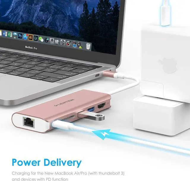 Alt view image 3 of 5 - LENTION USB C Hub with 4K HDMI, SD Card Reader, 2 USB 3.0, Type C Charging & Ethernet Compatible 2023-2016 MacBook Pro, New Mac Air/Surface/Steam Deck, More (CB-C68, Rose Gold)