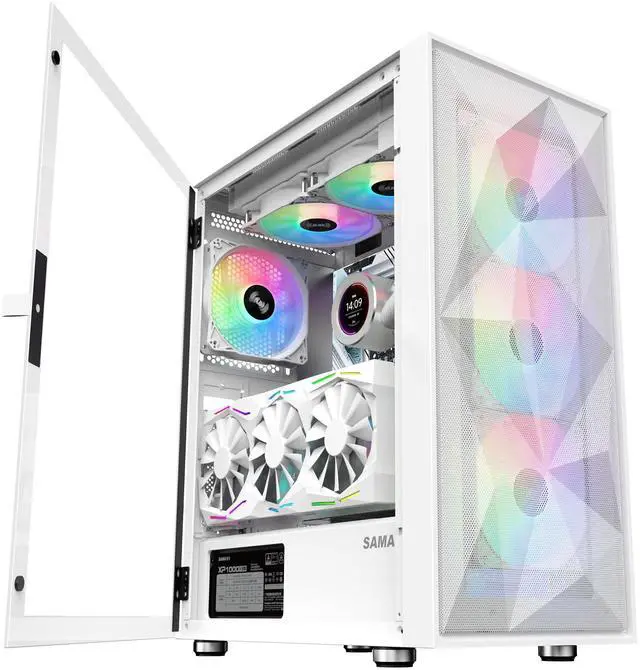 Main image of SAMA 3509 ATX Mid Tower Computer Case Steel Mesh Front Tempered Glass with Open Door 4 ARGB Fans Pre-Install USB3.0X2 360mm AIO Support at Front White