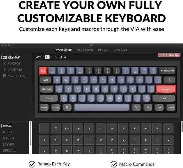 Alt view image 3 of 5 - Keychron Q4 Wired Custom Mechanical Keyboard, 60% Layout QMK/VIA Programmable Macro with Hot-swappable Gateron G Pro Blue Switch Double Gasket Compatible with Mac Windows Linux (Black)