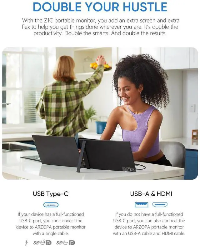 Alt view image 2 of 5 - ARZOPA Portable Monitor & Sleeve, 16.1'' 100% sRGB FHD Laptop Monitor & Portable Monitor PU Sleeve Bag Combination