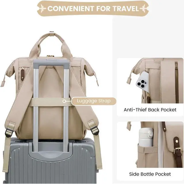 Alt view image 5 of 5 - LOVEVOOK Laptop Backpack for Women, Teacher Nurse Bag Work Travel Computer Backpacks Purse,Water Resistant Daypack with USB Charging Port,Nude Beige 15.6in