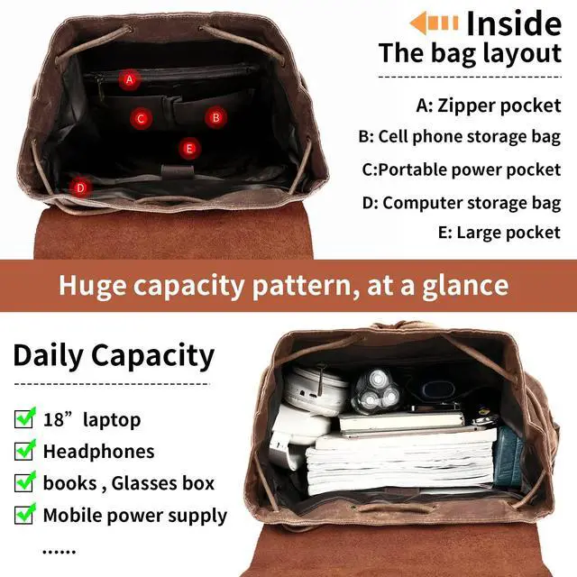 Alt view image 4 of 5 - HuaChen Leather Backpack for Men,Huge Waxed Canvas Shoulder Rucksack for Travel Laptop OVERSIZE - M80 Brown XL