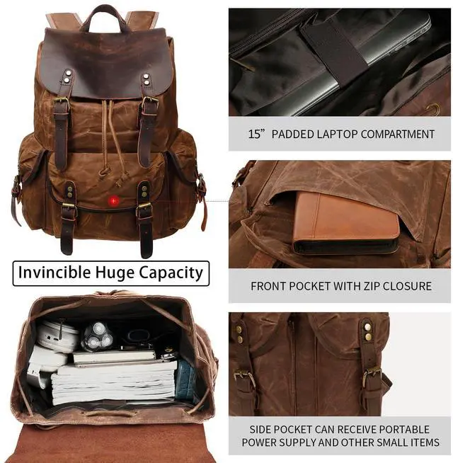 Alt view image 2 of 5 - HuaChen Leather Backpack for Men,Huge Waxed Canvas Shoulder Rucksack for Travel Laptop OVERSIZE - M80 Brown XL