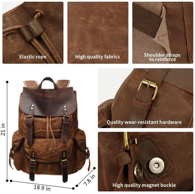 Alt view image 3 of 5 - HuaChen Leather Backpack for Men,Huge Waxed Canvas Shoulder Rucksack for Travel Laptop OVERSIZE - M80 Brown XL