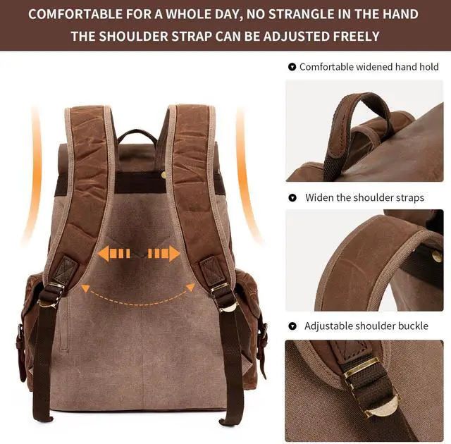 Alt view image 5 of 5 - HuaChen Leather Backpack for Men,Huge Waxed Canvas Shoulder Rucksack for Travel Laptop OVERSIZE - M80 Brown XL