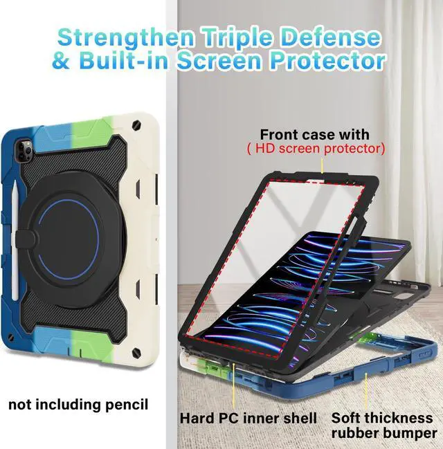 Alt view image 4 of 5 - ROISKIN for iPad Pro 12.9 -Inch Case (6th, 5th, 4th & 3rd Gen)with HD Screen Protector, 360 Stand, Handle, Pencil Holder,Shoulder Strap[15ft Drop Protection]Rugged Bulky Full Body 12.9 iPad Pro Case