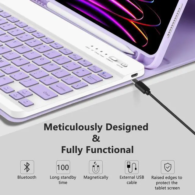 Alt view image 5 of 5 - MMK iPad Pro 11 inch 4th 3rd Gen Case with Keyboard, iPad Air 5th 4th 10.9 inch & iPad Air 11 inch (M2) 2024 Keyboard Case, Detachable Bluetooth Keyboard with Pencil Holder - Clove Purple