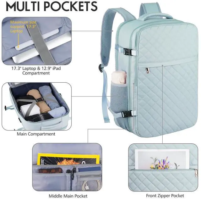 Alt view image 2 of 5 - MOMUVO Large Travel Backpack Women, Flight Approved Carry On Backpack, Water Resistant Anti-Theft Large Casual Daypack Fit 17 Inch Laptop with USB Charging Port, Blue