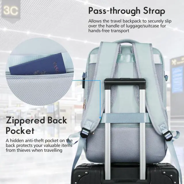 Alt view image 4 of 5 - MOMUVO Large Travel Backpack Women, Flight Approved Carry On Backpack, Water Resistant Anti-Theft Large Casual Daypack Fit 17 Inch Laptop with USB Charging Port, Blue