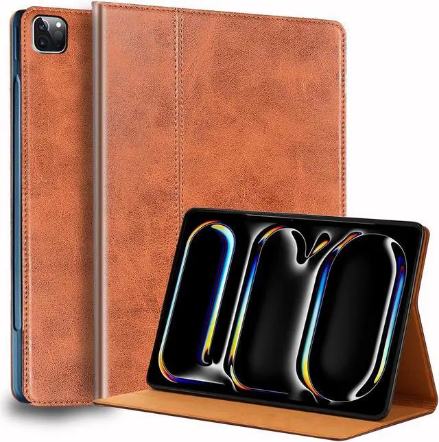 Main image of NANRUIL for Ipad Pro 13-inch Case M4 7th Gen 2024(Model:A2925/A2926) Genuine Leather Cover Protective Shell,Auto Wake/Sleep.Brown