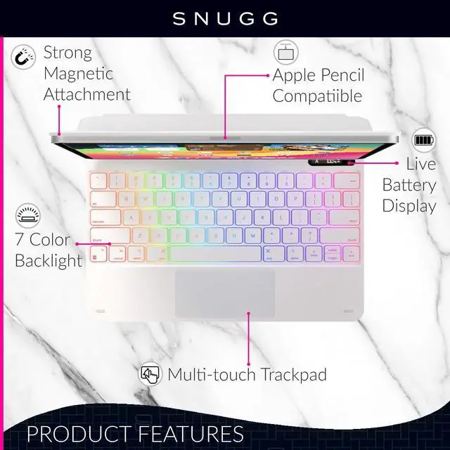 Alt view image 4 of 5 - Snugg iPad Air 11 Case with Keyboard with Apple Pencil Holder & Live Battery Display - Wireless Bluetooth Backlit Magic Keyboard 11 Case for iPad 11 Case with Keyboard - White
