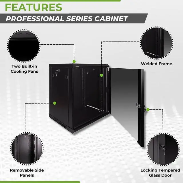 Alt view image 2 of 5 - NavePoint 12U Wall Mount Network Cabinet for 19 IT Equipment, A/V, Tempered Glass Door, Locks, 2 Fans, 450mm Depth, Max Weight 132 lbs