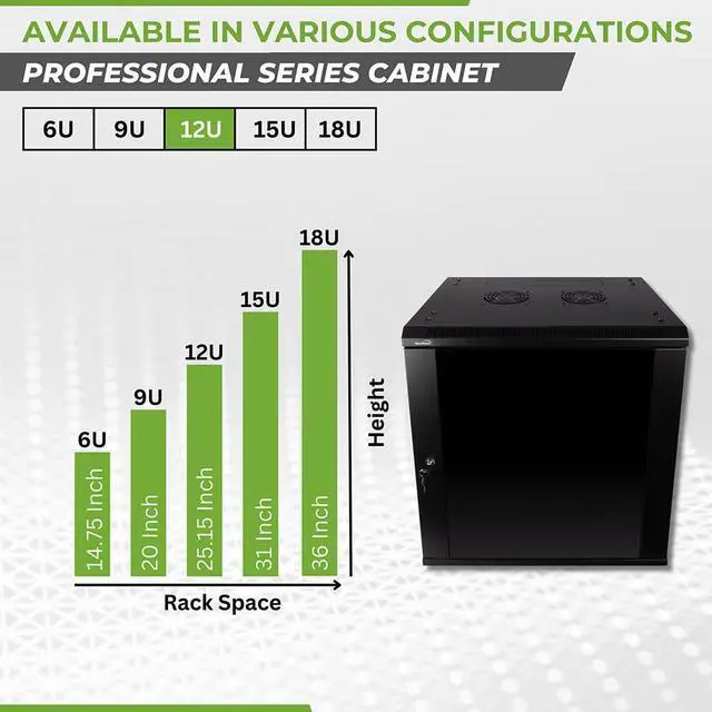 Alt view image 3 of 5 - NavePoint 12U Wall Mount Network Cabinet for 19 IT Equipment, A/V, Tempered Glass Door, Locks, 2 Fans, 450mm Depth, Max Weight 132 lbs