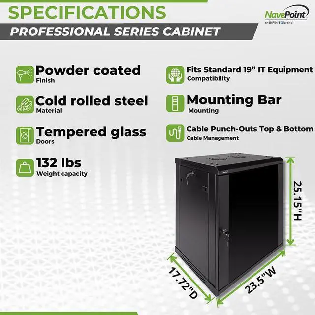 Alt view image 4 of 5 - NavePoint 12U Wall Mount Network Cabinet for 19 IT Equipment, A/V, Tempered Glass Door, Locks, 2 Fans, 450mm Depth, Max Weight 132 lbs