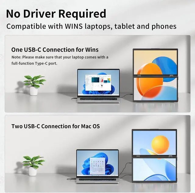 Alt view image 5 of 5 - Laptop Screen Extender,15.6" Dual Monitors (Wins/Mac) Folding Stacked Portable Dual Monitor, USB C Travel Extended Computer Display with Triple Portable Monitor for Laptop PC Windows Mac