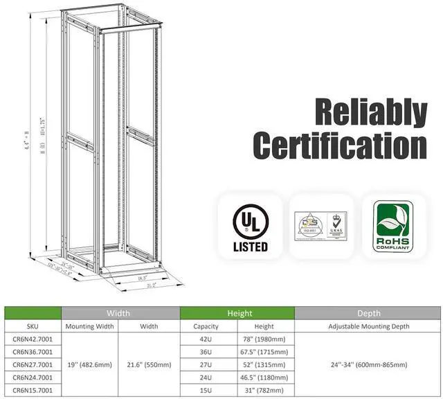 Alt view image 3 of 5 - Raising Electronics Server Rack 4 Post Open Rack Frame Rack Enclosure 19 Inch Adjustable Depth Aluminum (27U,56Inch Height)