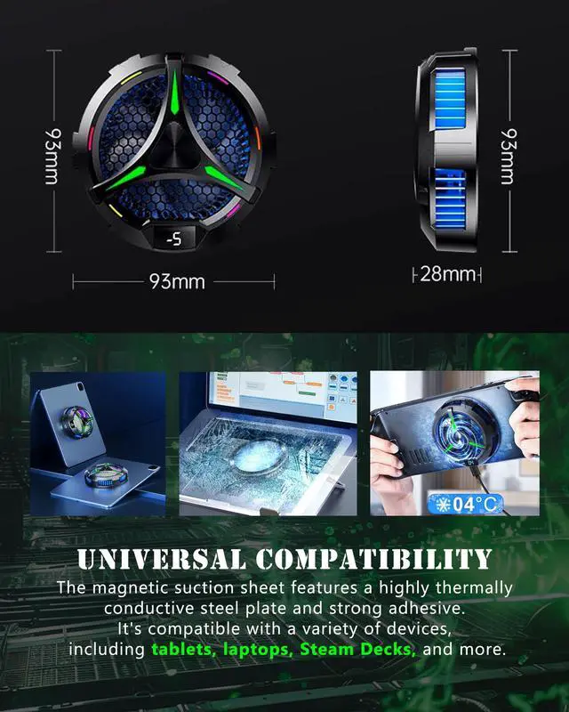Alt view image 3 of 5 - ACEDAYS Magnetic Cooler for iPad,Tablet Cooler for ipad/Surface pro/Samsung Tab,Universal Radiator with Temperature Display for Mobile Gaming,Tiktok Live Streaming (Green Mech)