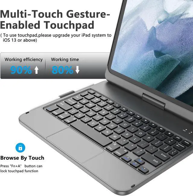 Alt view image 2 of 5 - TQQ Touchpad Keyboard Case for 10th Generation(10.9", 2022), iPad 10th Generation Case with Keyboard-360deg Rotatable Protective Cover for Latest iPad 10th Gen 10.9 inch 2022 (Gray)