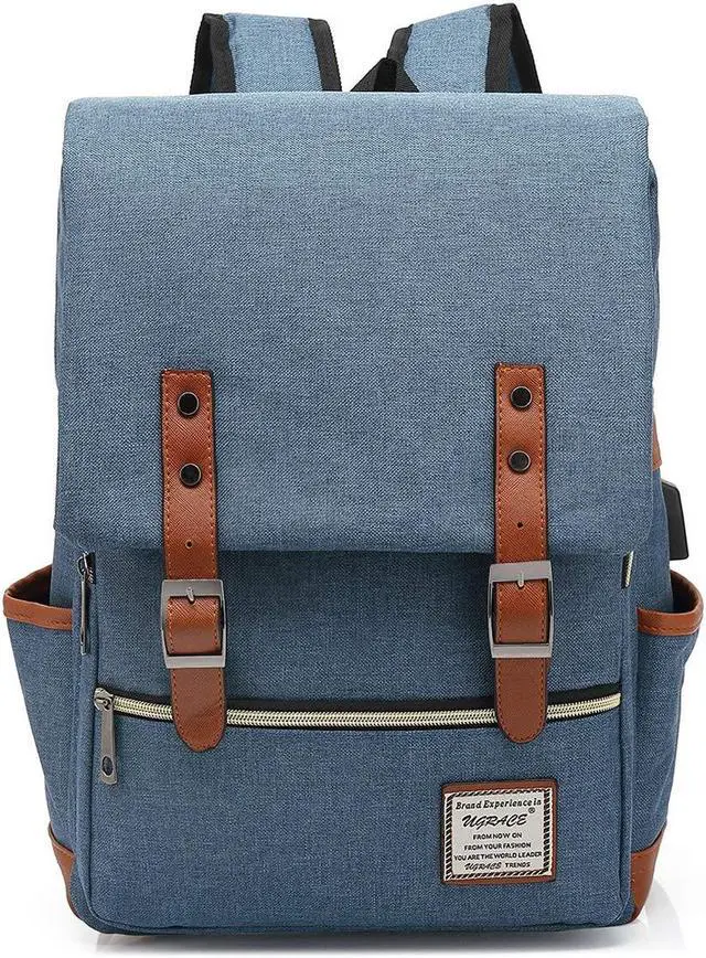 Main image of UGRACE Vintage Laptop Backpack with USB Charging Port, Elegant Water Resistant Travelling Backpack Casual Daypacks College Shoulder Bag for Men Women, Fits up to 15.6Inch Laptop in Blue