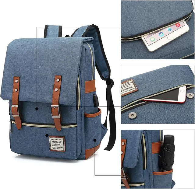 Alt view image 5 of 5 - UGRACE Vintage Laptop Backpack with USB Charging Port, Elegant Water Resistant Travelling Backpack Casual Daypacks College Shoulder Bag for Men Women, Fits up to 15.6Inch Laptop in Blue