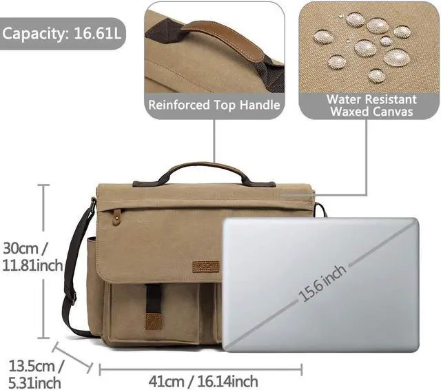 Alt view image 3 of 5 - VASCHY Messenger Bag for Men, Vintage Water Resistant Waxed Canvas Satchel 15.6 inch Laptop Briefcase Shoulder Bag with Padded Shoulder Strap Camel