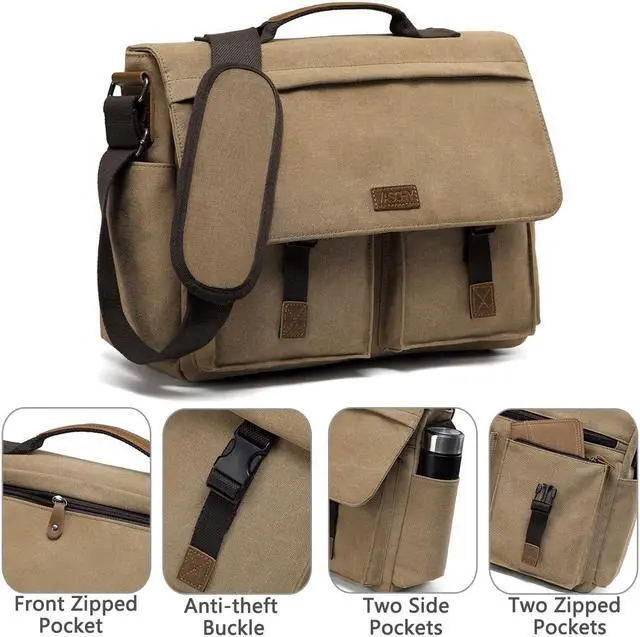 Alt view image 5 of 5 - VASCHY Messenger Bag for Men, Vintage Water Resistant Waxed Canvas Satchel 15.6 inch Laptop Briefcase Shoulder Bag with Padded Shoulder Strap Camel