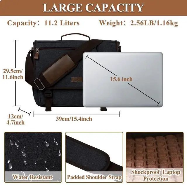 Alt view image 2 of 5 - VASCHY Messenger Bag for Men, Canvas Water Resistant Briefcases 15.6in Laptop Bag Crossbody Satchel Computer Bags for Work Office Bag for Women Dark Gray