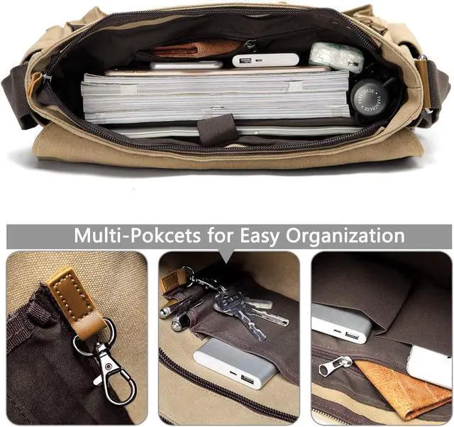 Alt view image 4 of 5 - VASCHY Messenger Bag for Men, Vintage Water Resistant Waxed Canvas Satchel 15.6 inch Laptop Briefcase Shoulder Bag with Padded Shoulder Strap Camel