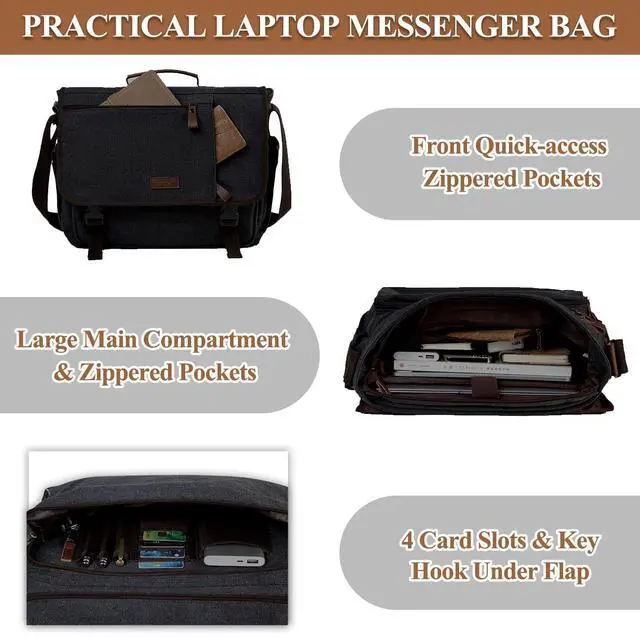Alt view image 4 of 5 - VASCHY Messenger Bag for Men, Canvas Water Resistant Briefcases 15.6in Laptop Bag Crossbody Satchel Computer Bags for Work Office Bag for Women Dark Gray