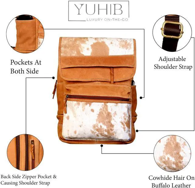Alt view image 4 of 5 - YUHIB Cowhide Leather Backpack for Men & Women 15 Inches Full Grain Cowhide Hair On Leather Laptop Backpack for Rucksack Knapsack Vintage Cow Skin Shoulder Bag for Travel, Hiking, DailyWear