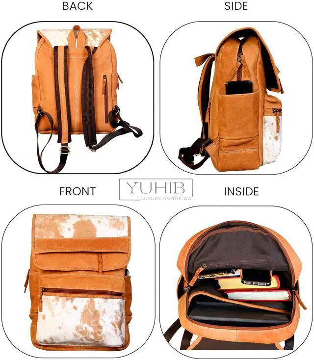 Alt view image 3 of 5 - YUHIB Cowhide Leather Backpack for Men & Women 15 Inches Full Grain Cowhide Hair On Leather Laptop Backpack for Rucksack Knapsack Vintage Cow Skin Shoulder Bag for Travel, Hiking, DailyWear