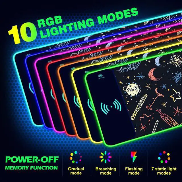 Alt view image 2 of 5 - AIMSA RGB Gaming Mouse Pad with Wireless Charging, Large Keyboard Mouse Pad with 14 LED Light Modes, Non-Slip Rubber Base Waterproof Desk Pad for Home Office Decor, Abstract Moon Stars