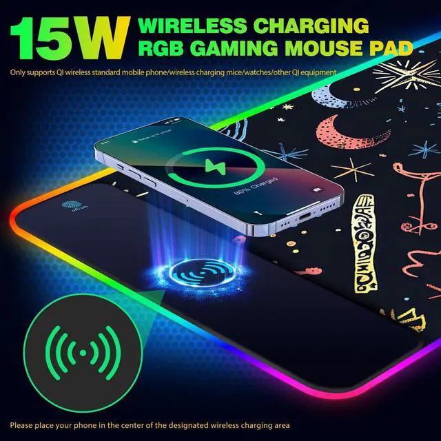 Alt view image 3 of 5 - AIMSA RGB Gaming Mouse Pad with Wireless Charging, Large Keyboard Mouse Pad with 14 LED Light Modes, Non-Slip Rubber Base Waterproof Desk Pad for Home Office Decor, Abstract Moon Stars