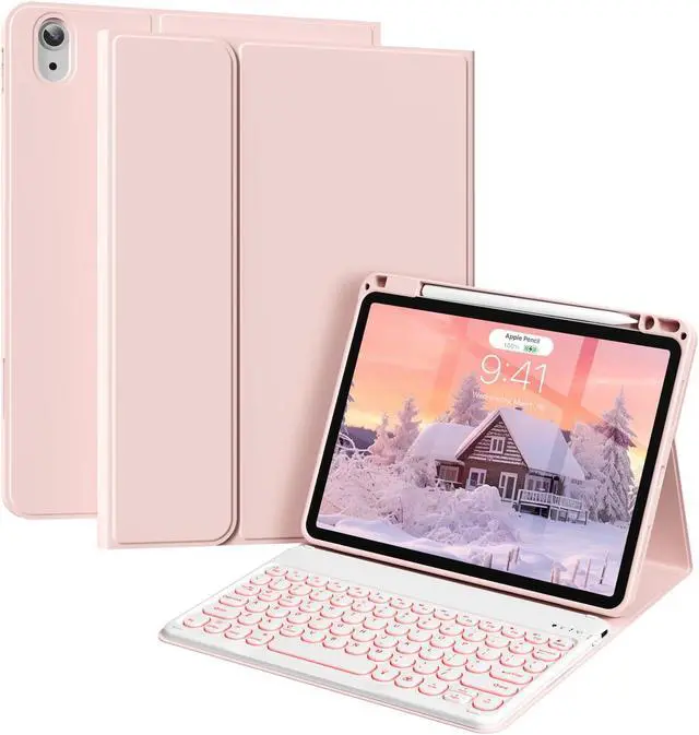 Main image of Aoub Keyboard Case for iPad Air 11-Inch M3/M2 2025/2024, iPad Air 5th/4th Gen 2022/2020, 7 Color Backlit, Folio Detachable Wireless Bluetooth Keyboard Cover Soft TPU Back Case with Pencil Holder, Pink