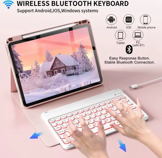 Alt view image 3 of 5 - Aoub Keyboard Case for iPad Air 11-Inch M3/M2 2025/2024, iPad Air 5th/4th Gen 2022/2020, 7 Color Backlit, Folio Detachable Wireless Bluetooth Keyboard Cover Soft TPU Back Case with Pencil Holder, Pink