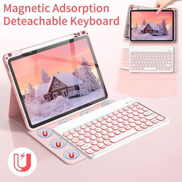 Alt view image 4 of 5 - Aoub Keyboard Case for iPad Air 11-Inch M3/M2 2025/2024, iPad Air 5th/4th Gen 2022/2020, 7 Color Backlit, Folio Detachable Wireless Bluetooth Keyboard Cover Soft TPU Back Case with Pencil Holder, Pink