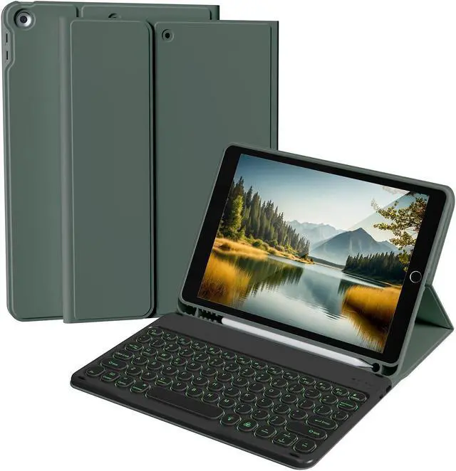 Main image of Aoub Keyboard Case for iPad 9th/8th/7th Generation 10.2 inch, 7 Colors Backlit, Stand Folio Detachable Wireless Bluetooth Keyboard Cover Soft TPU Back Case for iPad 10.2 2021/2020/2019 - Dark Green