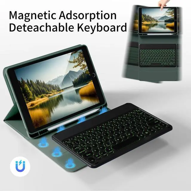 Alt view image 5 of 5 - Aoub Keyboard Case for iPad 9th/8th/7th Generation 10.2 inch, 7 Colors Backlit, Stand Folio Detachable Wireless Bluetooth Keyboard Cover Soft TPU Back Case for iPad 10.2 2021/2020/2019 - Dark Green